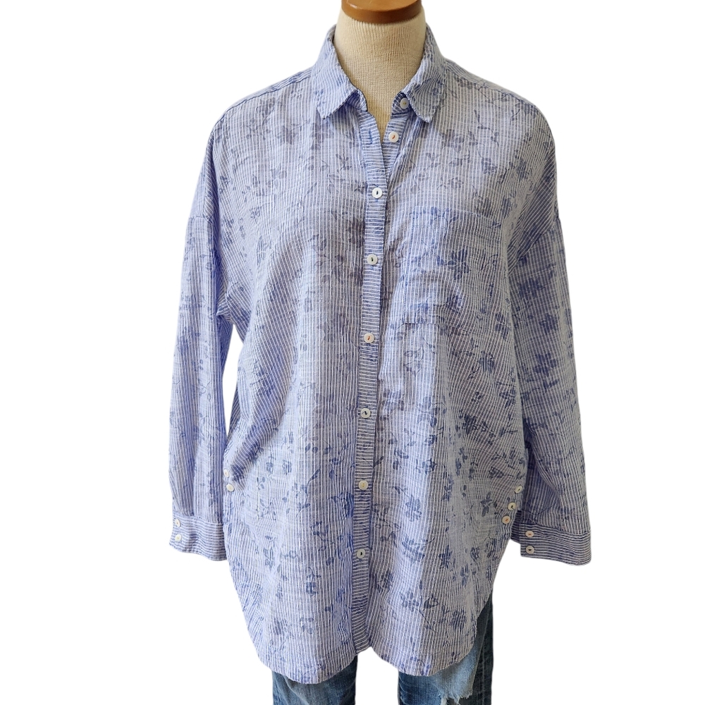 Anthropologie Postmark  Blue White Striped Floral Long Sleeve Button Up …